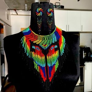 Beaded necklace Parrot with dreamcatcher earrings